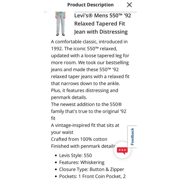 Levi’s 550 ‘92 Men's Relaxed Taper Fit Jeans With Paintmark Details Size 32x30 - Picture 13 of 16